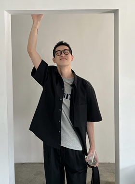 Nick Tian黑色水洗棉褶皱透气短袖衬衫男夏季美式半袖衬衣外套