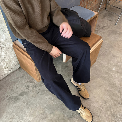 NickTian深蓝色加绒直筒牛仔裤