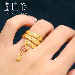 古法黄金戒指吉言金多圈宽版手工足金999实心錾刻开口DIY定制指环