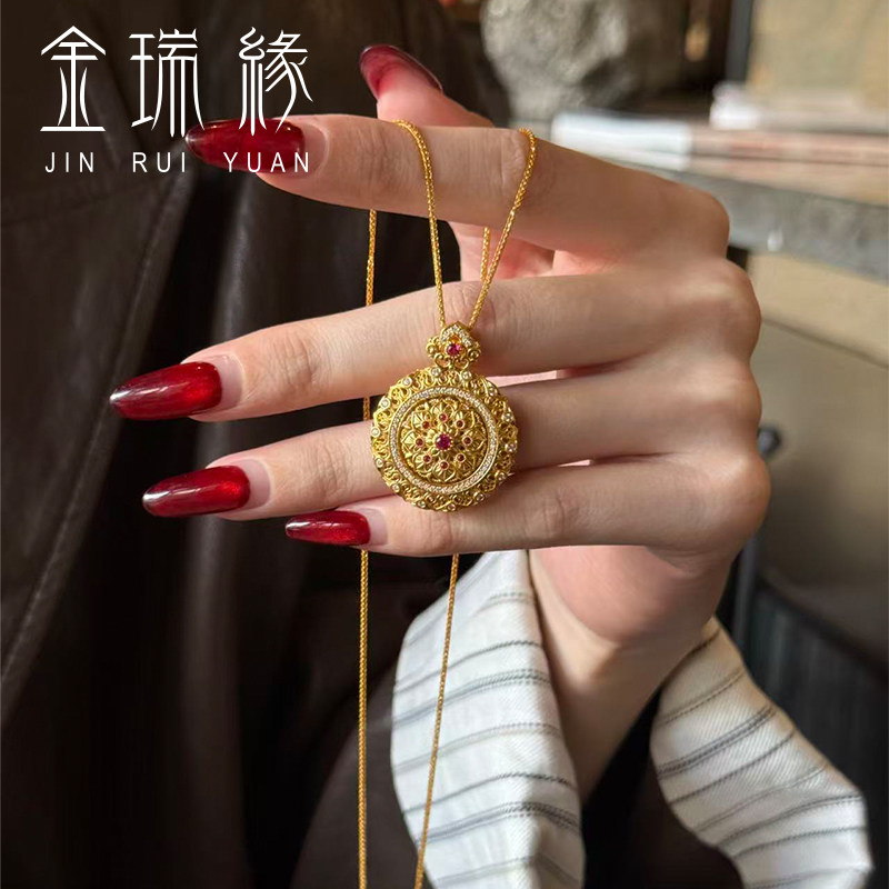 黄金点钻花丝转动红莲花吊坠999足金镶嵌莫桑钻罗盘挂坠纯金送礼