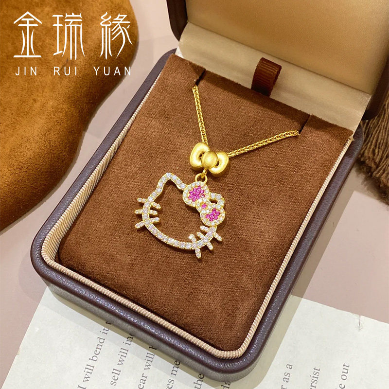 古法黄金点钻KT猫头吊坠999足金可爱哈喽kt镶嵌莫桑钻挂坠送女友