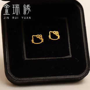 5G黄金KT猫耳钉999足金helloKitty镂空凯蒂猫耳环甜美可爱女耳饰