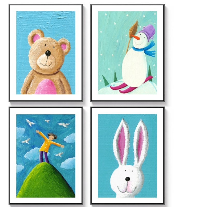 北欧风格油画卡通可爱动物装饰画芯微喷打印画心儿童房壁画挂画