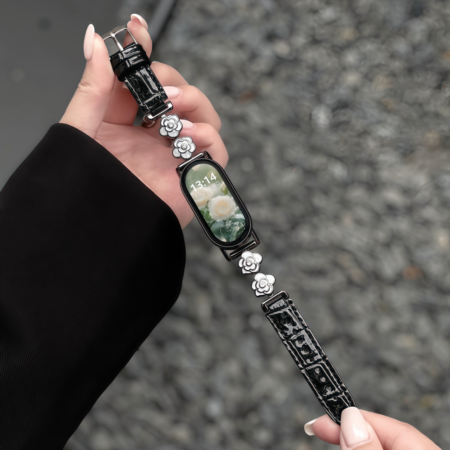 适用小米手环鎏金山茶花皮质表带