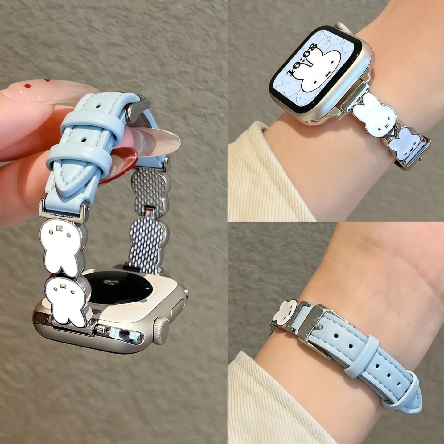 适用iwatch可爱米菲兔皮质女表带