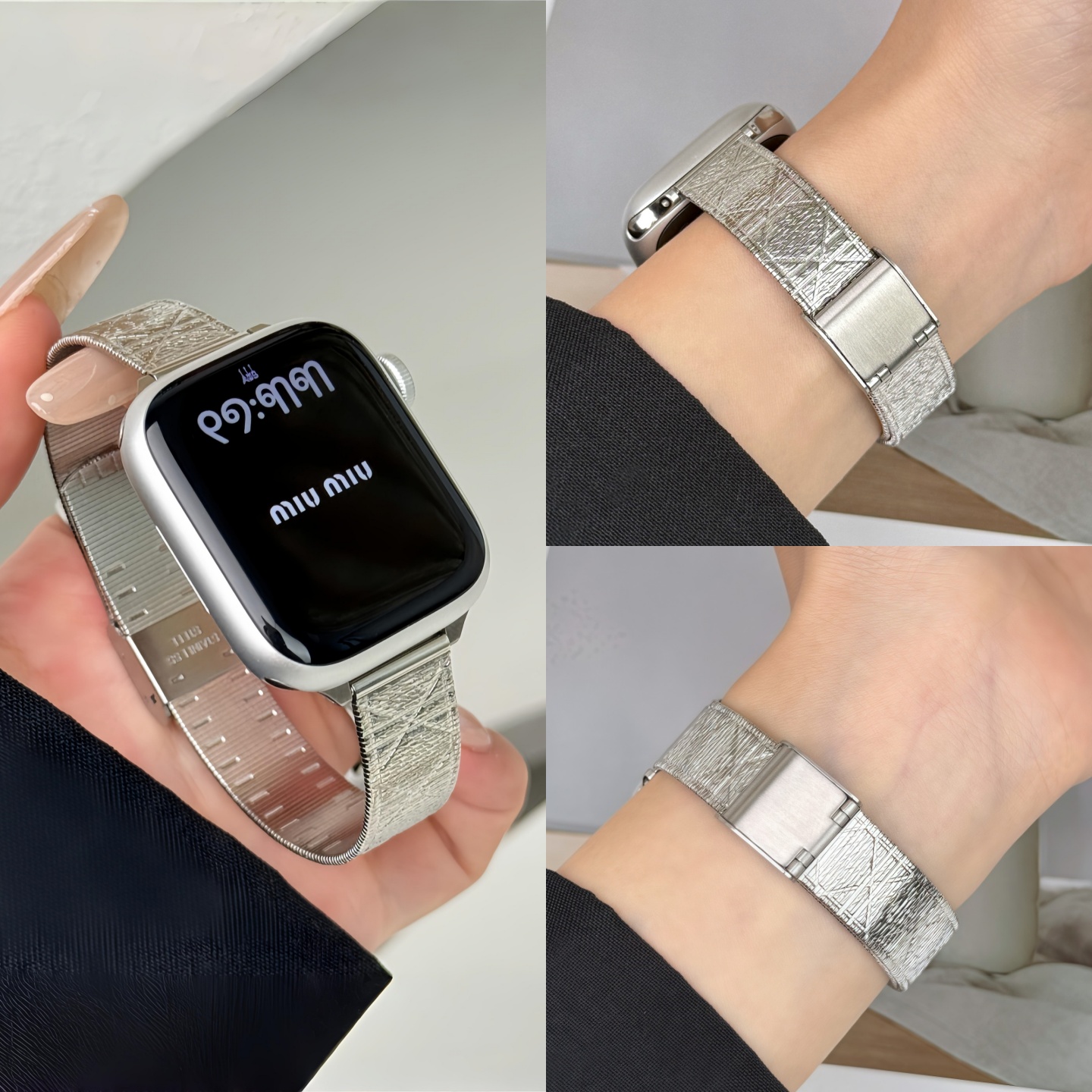 适用iwatch碎银藤格纹不锈钢表带