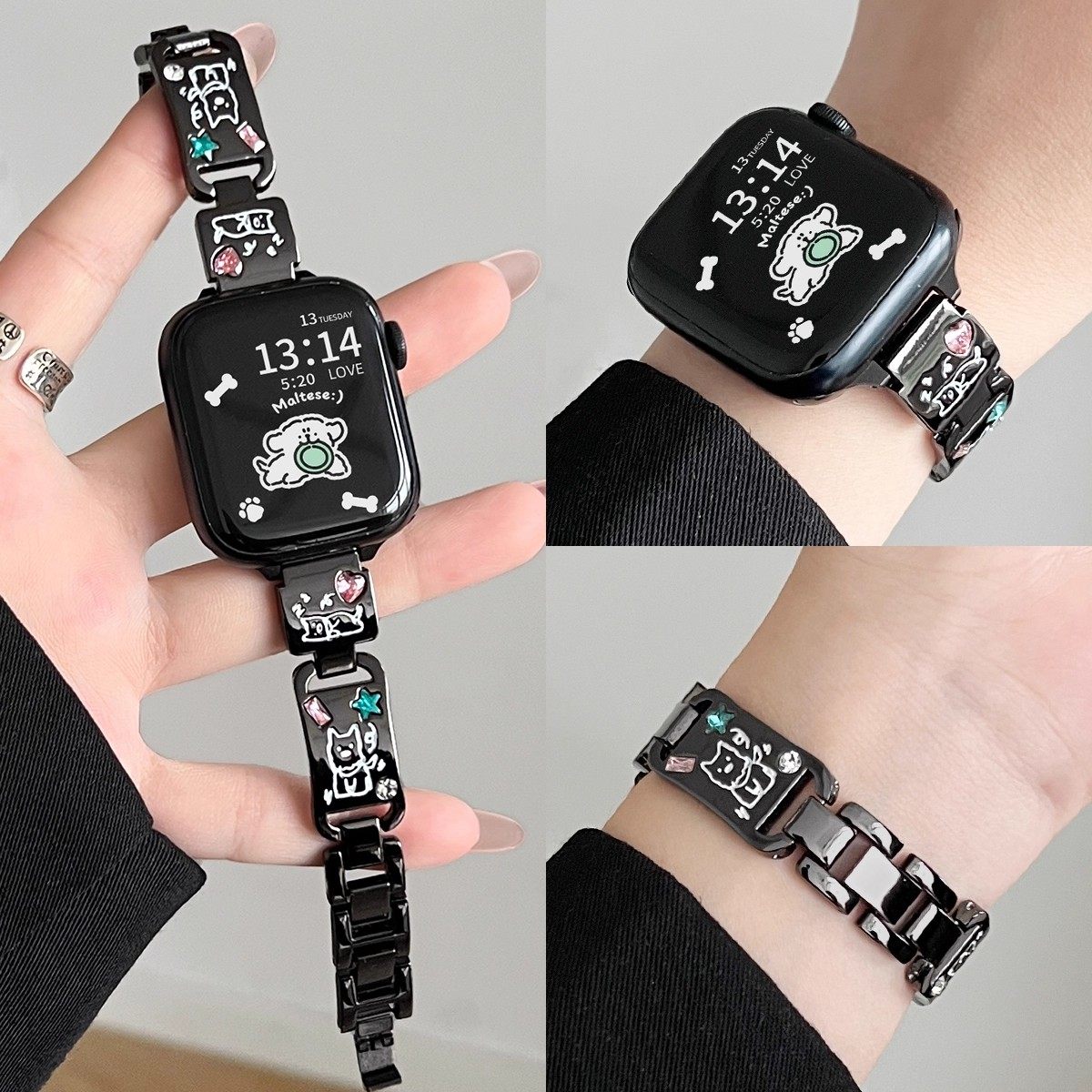 适用华为fit手表彩钻小狗金属链