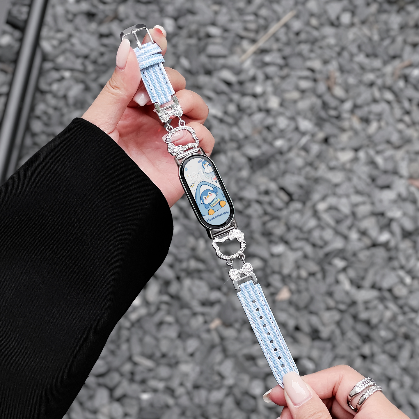 适用小米手环镶钻KT猫条纹表带