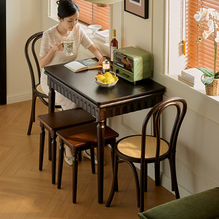 可伸缩折叠餐桌家用法式复古靠墙省空间中古风小户型实木吃饭桌子