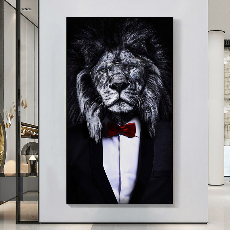 西装黑色狮子亚马逊帆布画玄关无框画外贸微喷艺术油画墙壁装饰画