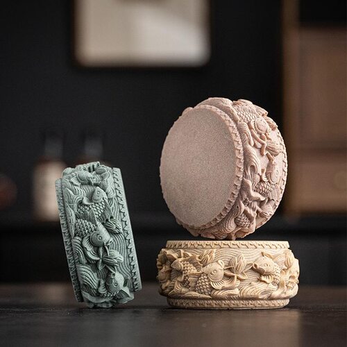 国风茶宠摆件青砂石鱼鼓壶承杯垫底座把件茶桌面摆件鱼缸假山