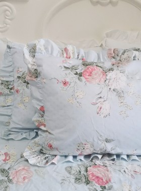 7K1田园风格枕套两个蓝绿色纯棉带拉链枕套推荐一对装公