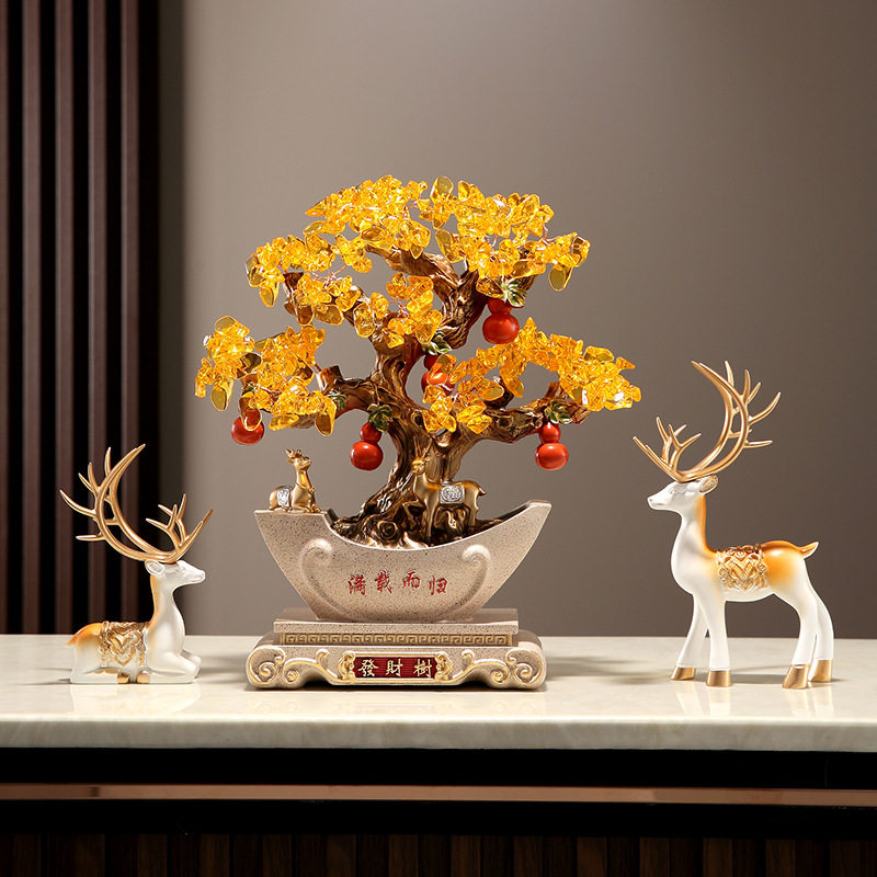 满载而归摇钱树对鹿摆件开业礼品水晶发财树家居客厅酒柜装饰品