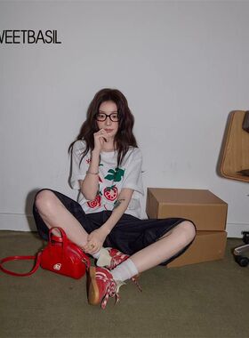 Sweet Basil/紫淑番茄印花短袖t恤女夏日韩版慵懒风圆领半袖上衣