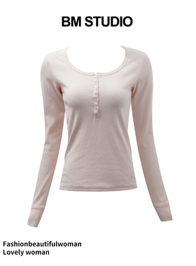 Brandygirl新款bm长袖T恤圆领六粒扣螺纹修身显瘦百搭打底衫上衣