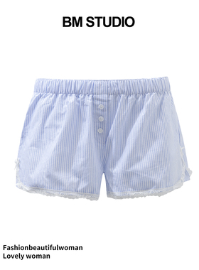 Brandygirl新款bm短裤蓝色条纹松紧腰宽松显瘦休闲百搭显腿长热裤