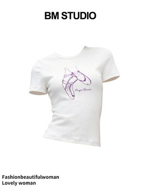 Brandy girl新款bm芭蕾舞鞋印花短袖T恤圆领修身正肩显瘦百搭上衣