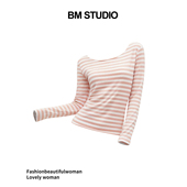 Brandy 显瘦打底上衣女 T恤纯欲甜美修身 girl新款 bm条纹一字肩长袖