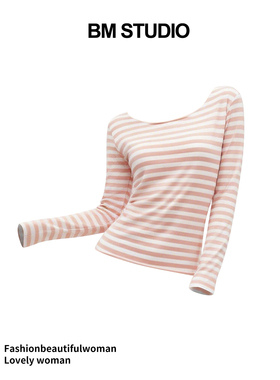 Brandy girl新款bm条纹一字肩长袖T恤纯欲甜美修身显瘦打底上衣女