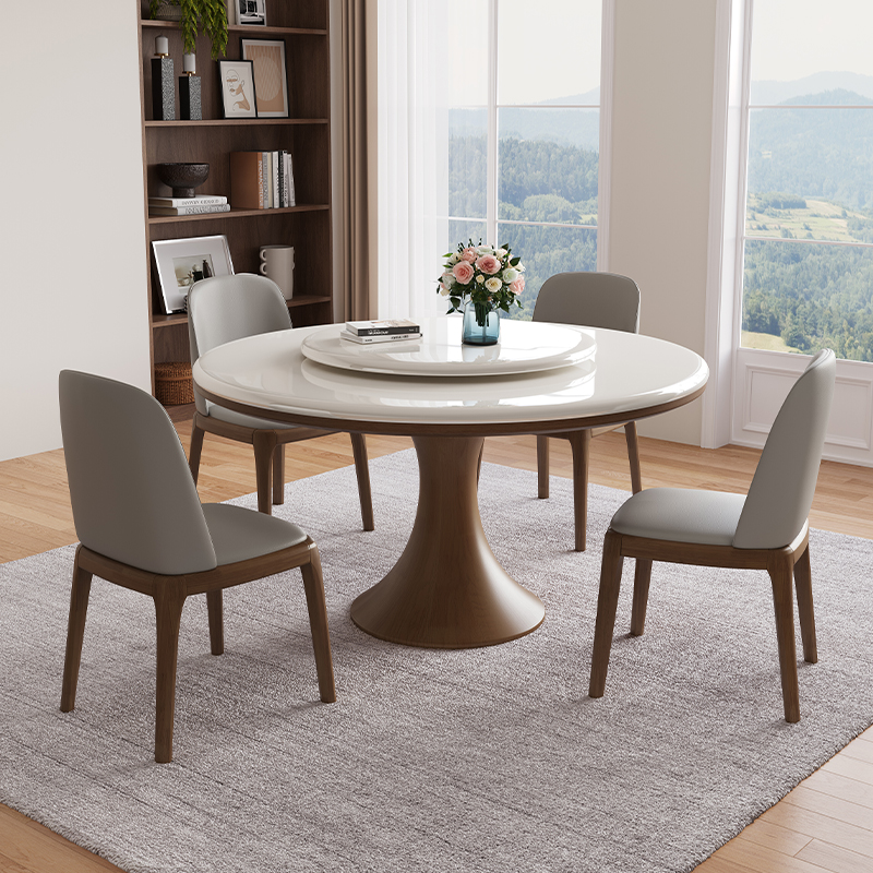 意星皇白冰玉大理石实木圆餐桌