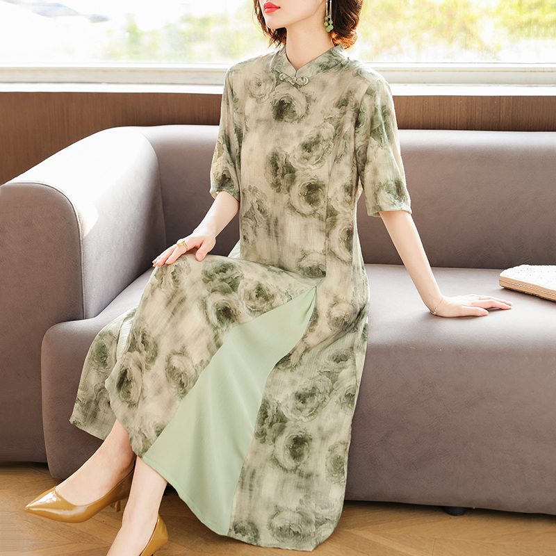 妈妈夏装2025新款短袖印花雪纺连衣裙中老年女装国风气质改良旗袍