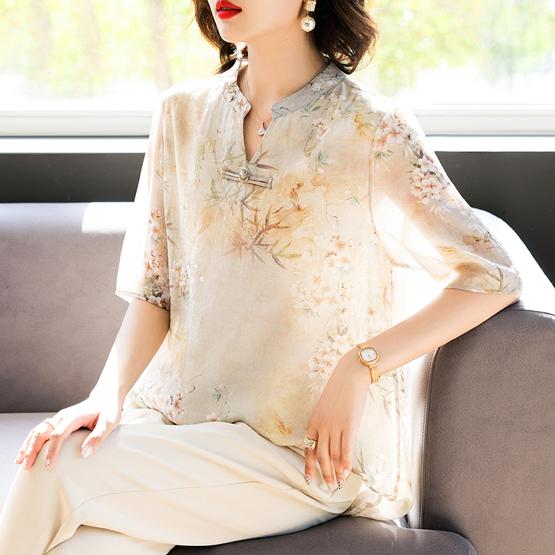 中年妈妈2024夏装新款雪纺小衫中老年女装夏款短袖t恤上衣服套装