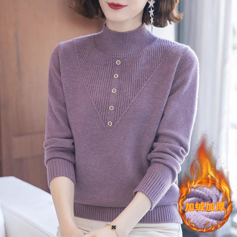 妈妈冬装加绒加厚毛衣保暖打底衫中老年女冬季内搭针织衫过年衣服