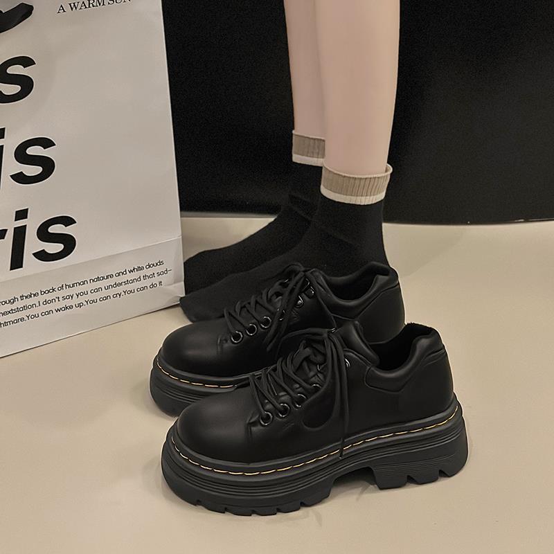 厚底小皮鞋女2025秋冬新款加绒复古黑色乐福鞋英伦学院风系带单鞋
