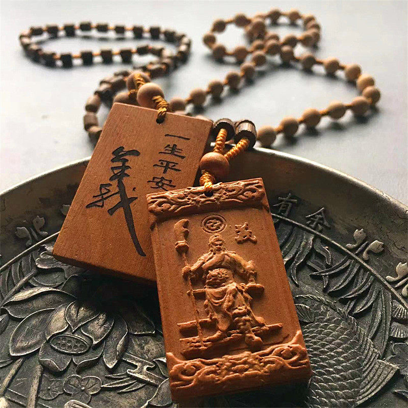 成年老桃木雕刻霸气武财神关公吊坠挂件木质桃符项链男求财求平安