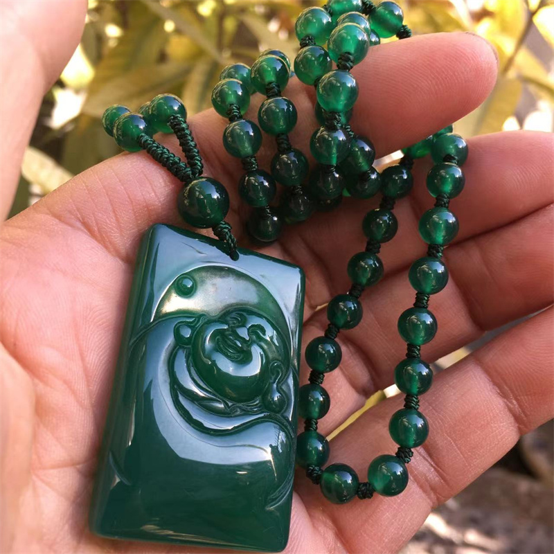 绿玛瑙弥勒佛吊坠高冰种玉髓佛公吊坠玉石挂件男女绿宝石项链保真