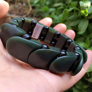和田玉甲片手串黑青玉石手排墨绿色龙鳞手牌男时尚手链带证书保真