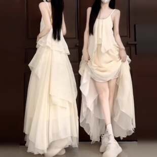 小个子海边度假不规则长裙 2025新款 白色吊带连衣裙子女装 夏季 法式