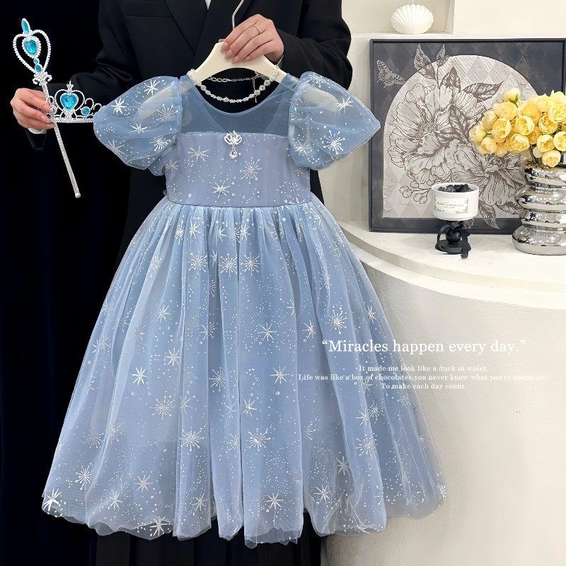 艾莎公主裙女童夏季新款爱莎泡泡袖礼服裙子冰雪奇缘小女孩连衣裙
