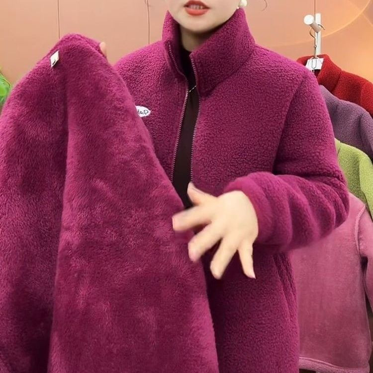 中老年新款羊羔绒高领保暖外套妈妈加绒保暖棉衣冬季女装棉袄上衣