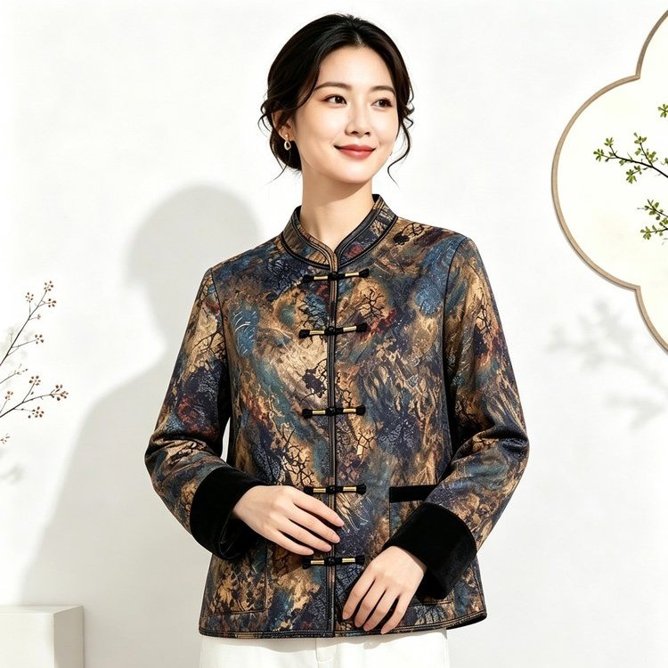 新中式盘扣加绒短款保暖妈妈棉服
