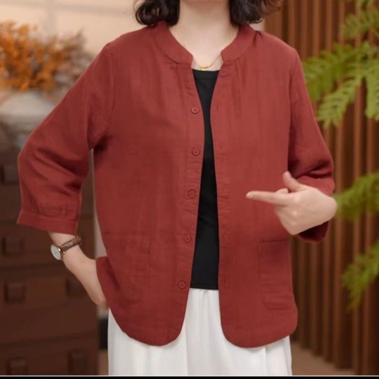 中老年棉麻七分袖衬衫妈妈宽松显瘦百搭减龄上衣妈妈婴儿棉薄外套