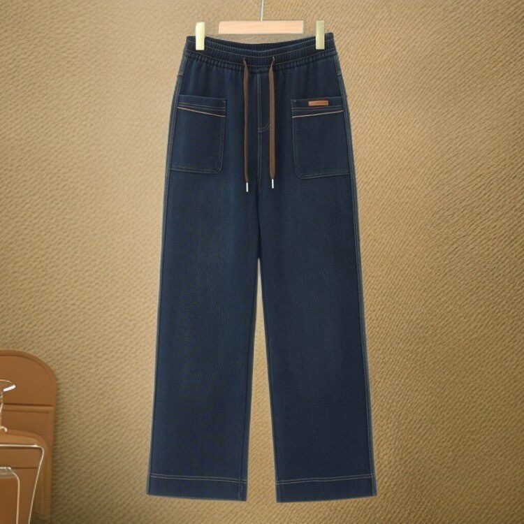 中年妈妈牛仔裤女秋冬新款高腰显瘦直筒裤宽松大码休闲阔腿长裤子