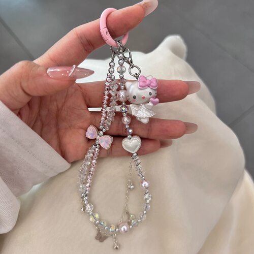 半岛甜心手作粉紫色蝴蝶结hellokitty手机壳挂绳ccd相机链diy串珠