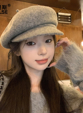 贝雷帽女大头围韩国画家帽百搭韩版帽子秋冬针织帽帽子女款
