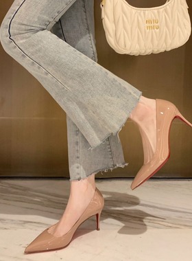 严选羊皮版~葡萄妈同款尖头百搭浅口高跟鞋细跟红底通勤单鞋女