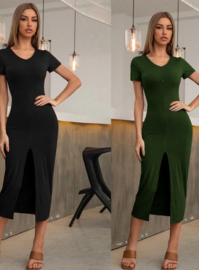 2024新款跨境欧美女装性感修身开叉针织中长裙纽扣套头通勤