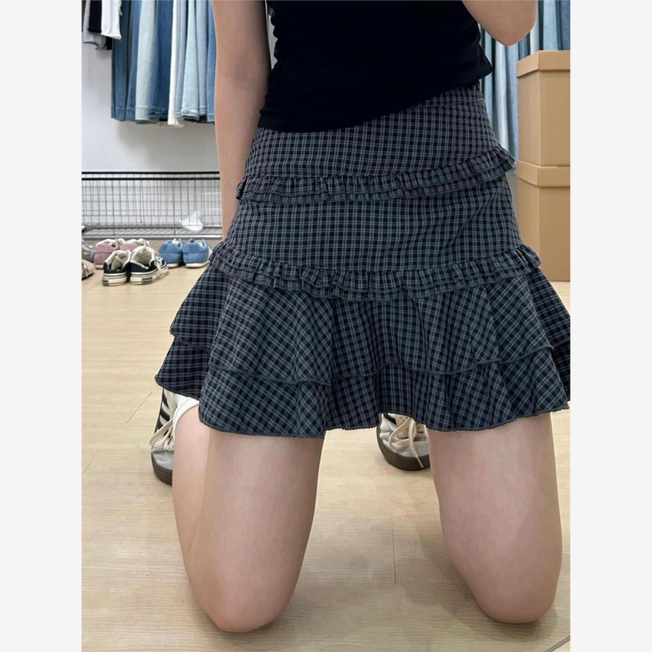 格紋蛋糕短裙女夏季高腰