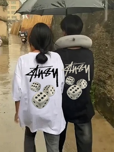 街头潮牌骰子字母印花设计感纯棉短袖T恤男女ins潮显瘦上衣情侣款