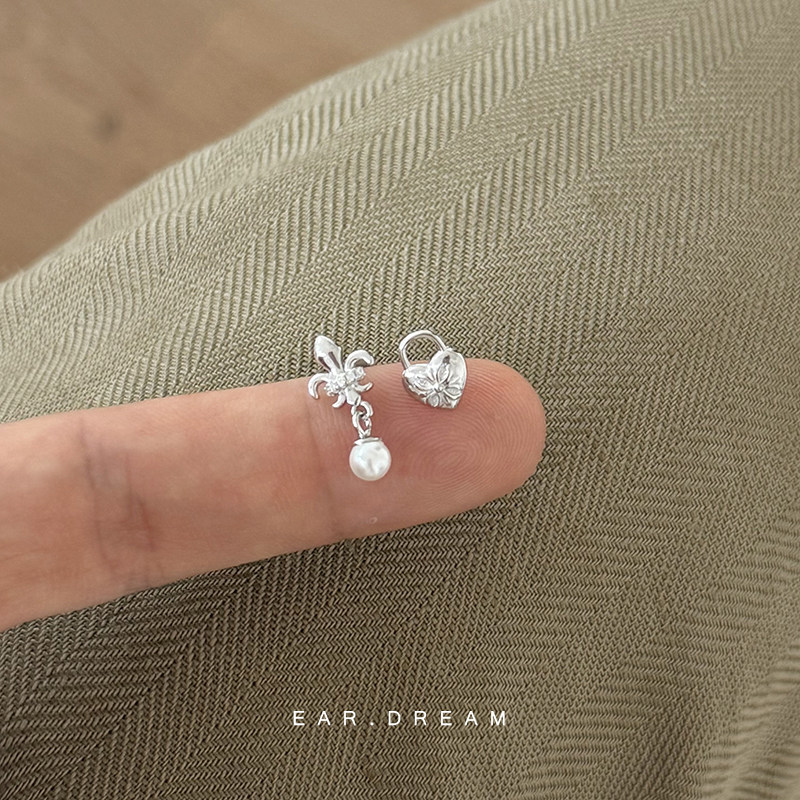耳边的梦 鸢尾心 通体925银左右不对称耳钉小众设计感耳环女