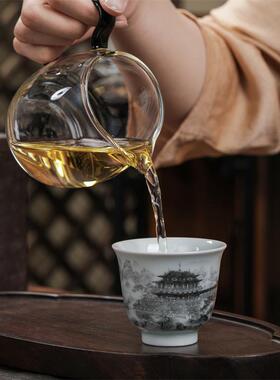 景德镇仿古瓷墨彩岳阳楼单杯主人杯客杯铃铛杯子功夫茶杯四大名楼