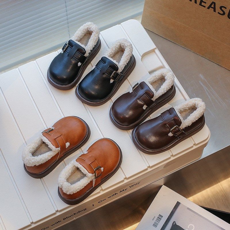 儿童英伦风小皮鞋2024冬季新款加绒二棉乐福鞋男童学生保暖女童暖