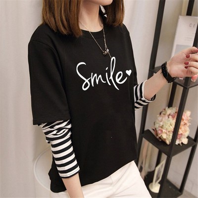 2025春秋季新款韩版打底衫T恤女长袖假两件宽松百搭秋衣外穿上衣