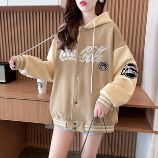 棒球服女学生秋冬季新款加绒加厚韩版宽松绣花连帽开衫卫衣外套潮