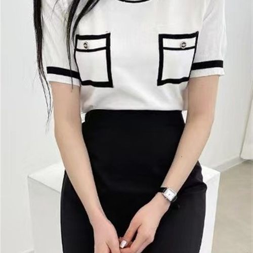 小香风复古高级感洋气气质短袖撞色圆领短款冰丝针织衫开衫上衣女