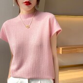 女短袖 宽松春秋内搭2022新款 半高领打底衫 针织短袖 纯色大码 t恤